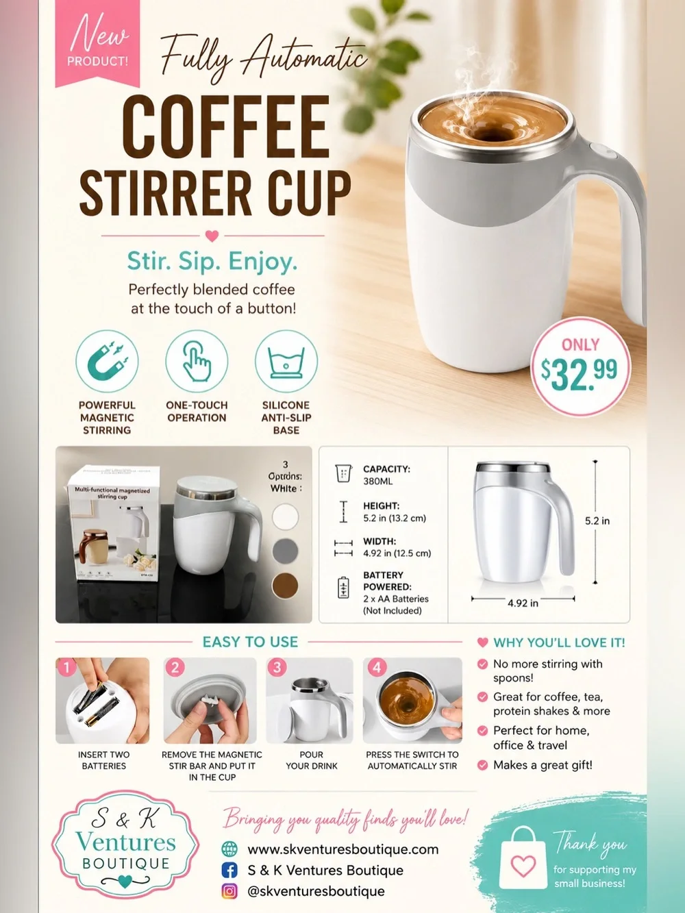 Automatic Self-Stirring Coffee Mug – One-Touch Magnetic Mixing Cup